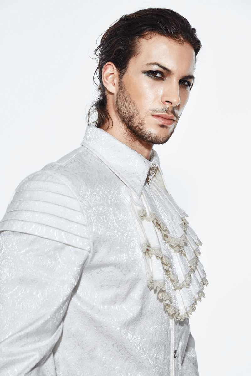 Elegant men's white gothic shirt with lace frills and vintage pattern, perfect for a unique style.