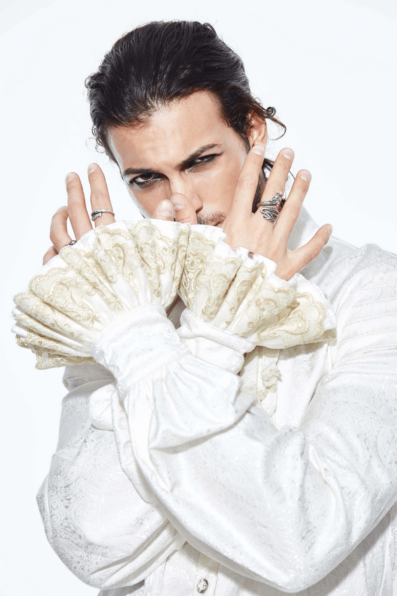 Gothic men's white shirt with lace frill cuffs, vintage style, showcasing a unique gothic elegance.