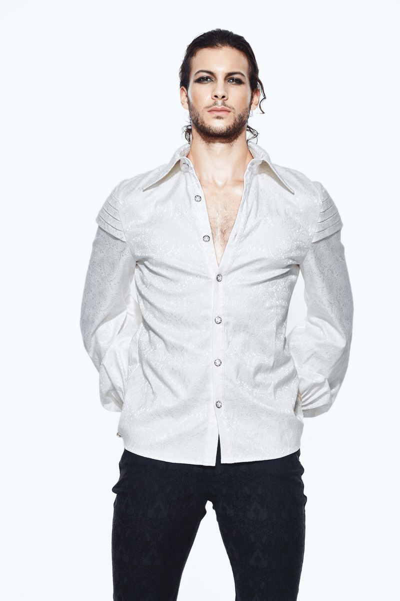 Elegant gothic men’s white shirt with lace frills and vintage pattern, perfect for a stylish gothic wardrobe.