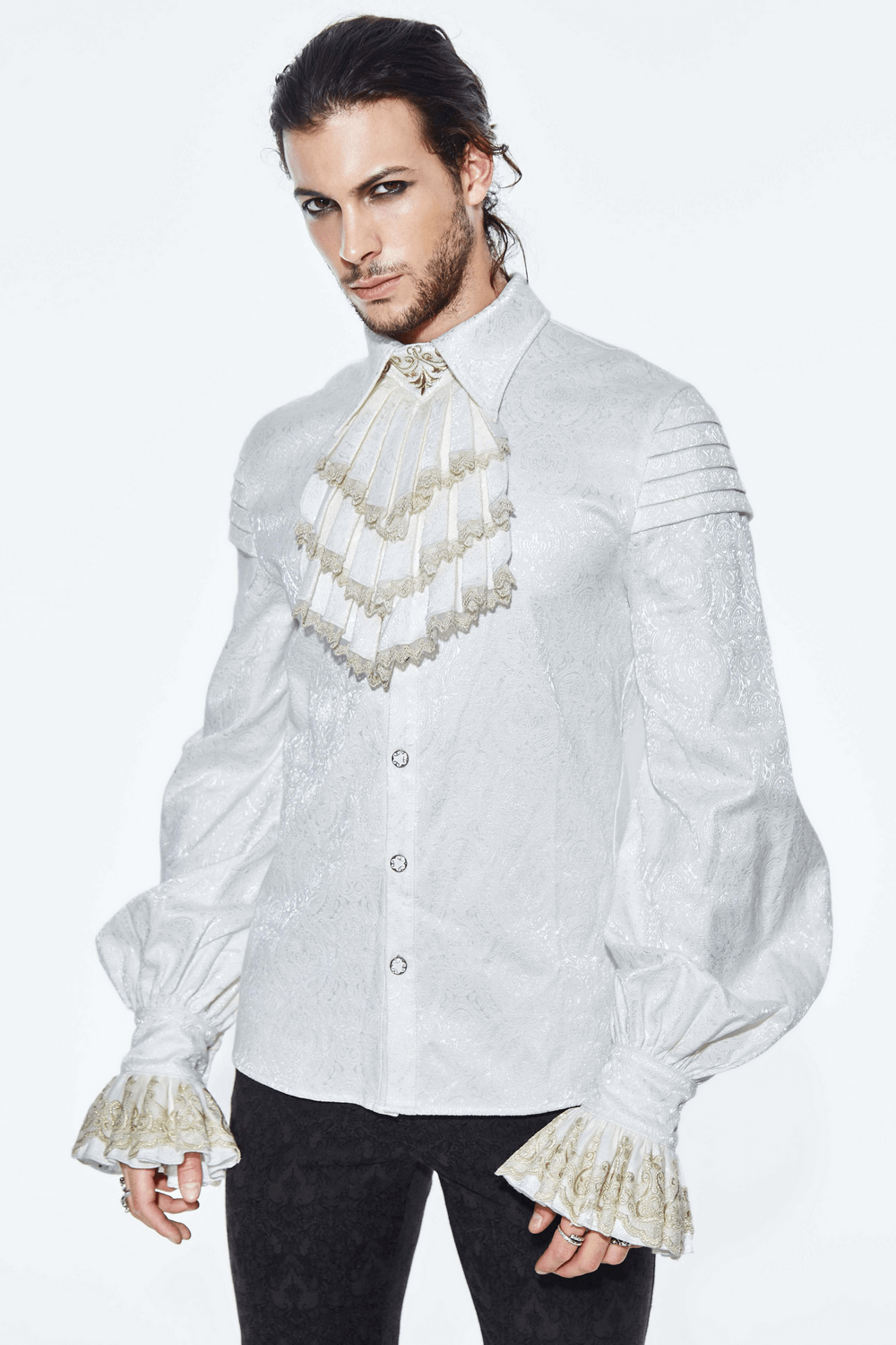 Gothic men's white vintage shirt with lace frills on cuffs and metal buttons, perfect for a stylish gothic wardrobe.