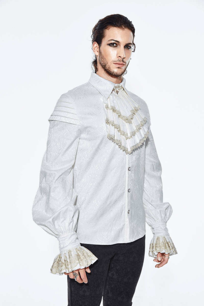 Gothic men's white vintage shirt with lace frill cuffs and intricate metal buttons, perfect for gothic style enthusiasts.