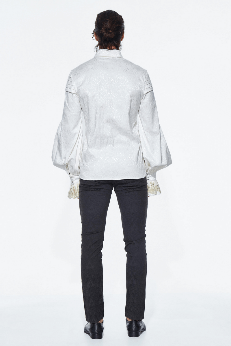Back view of a gothic men's white shirt with lace frills on cuffs and vintage pattern, perfect for elegant gothic wear.