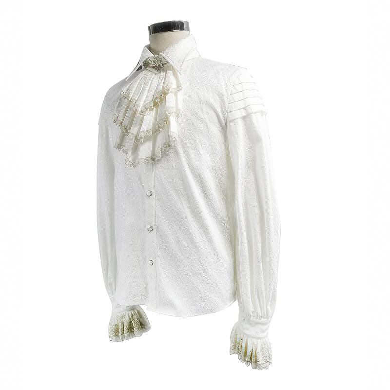 Gothic Men White Shirt With Tie & Lace Frill On Cuffs / Vintage Pattern Shirts with Metal Buttons - HARD'N'HEAVY