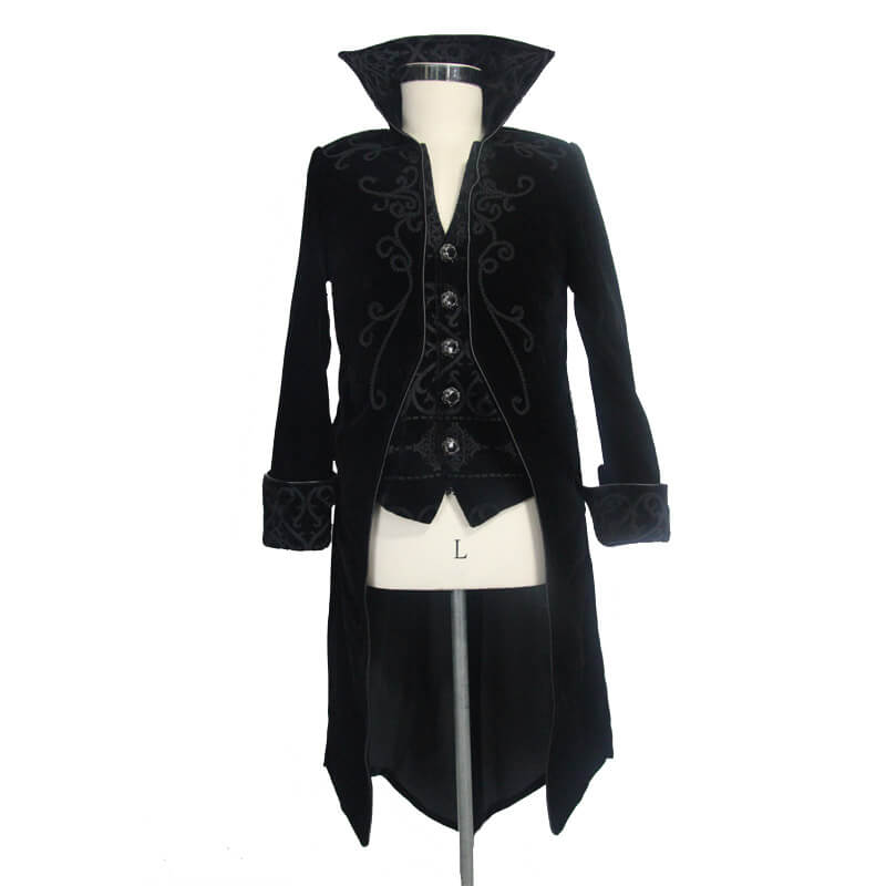 Gothic Men's Tailcoat From Black Velvet / Steampunk Male Coats with Stand Collar - HARD'N'HEAVY