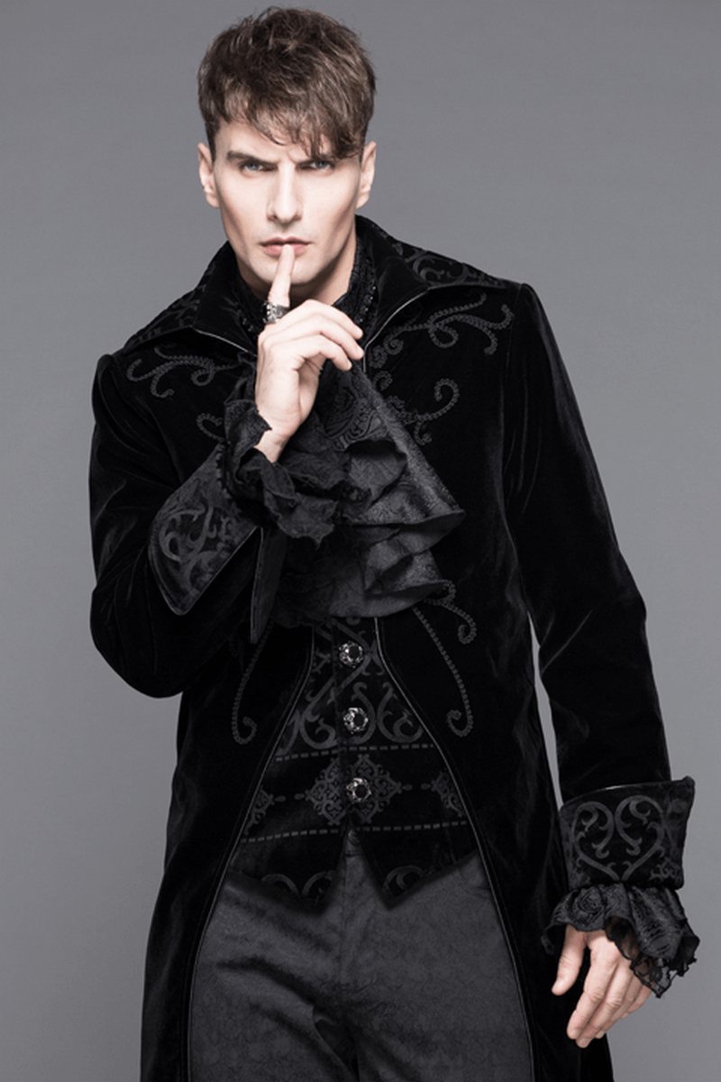 Gothic Men's Tailcoat From Black Velvet / Steampunk Male Coats with Stand Collar - HARD'N'HEAVY