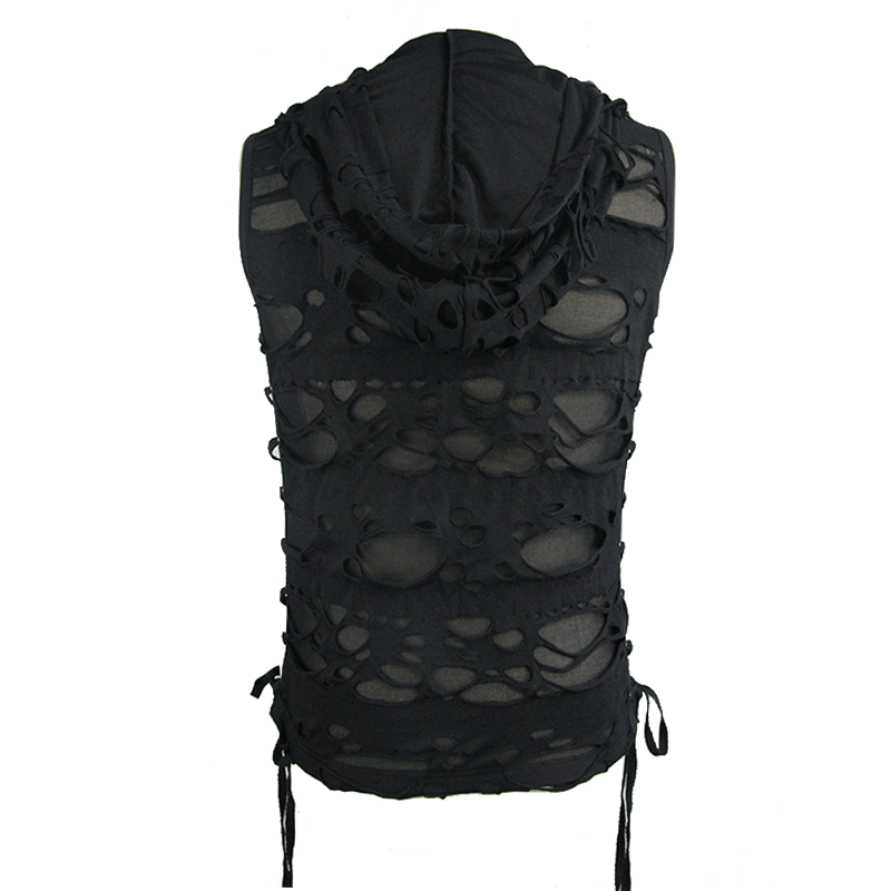 Gothic Men's Torn Tank Top With Hood / Male Black Out Fitted Tank Tops / Alternative Style Clothing - HARD'N'HEAVY
