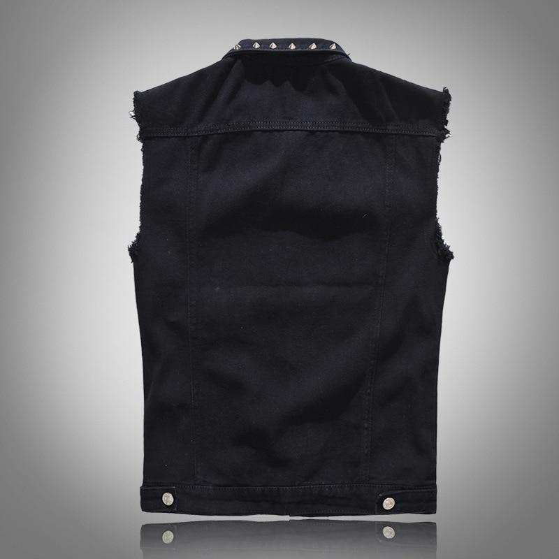 Men's Gothic sleeveless denim vest with rivets, featuring a stand-up collar and rugged back design.