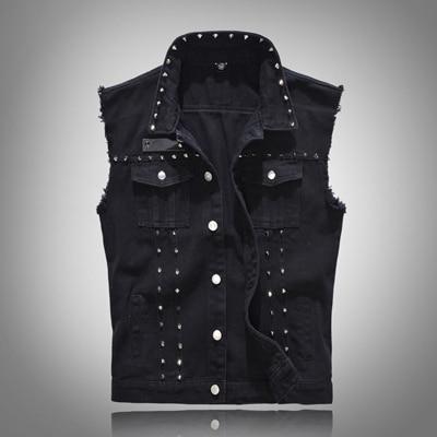 Men's Gothic sleeveless black denim vest with rivets and stand-up collar, perfect for rock and goth outfits.