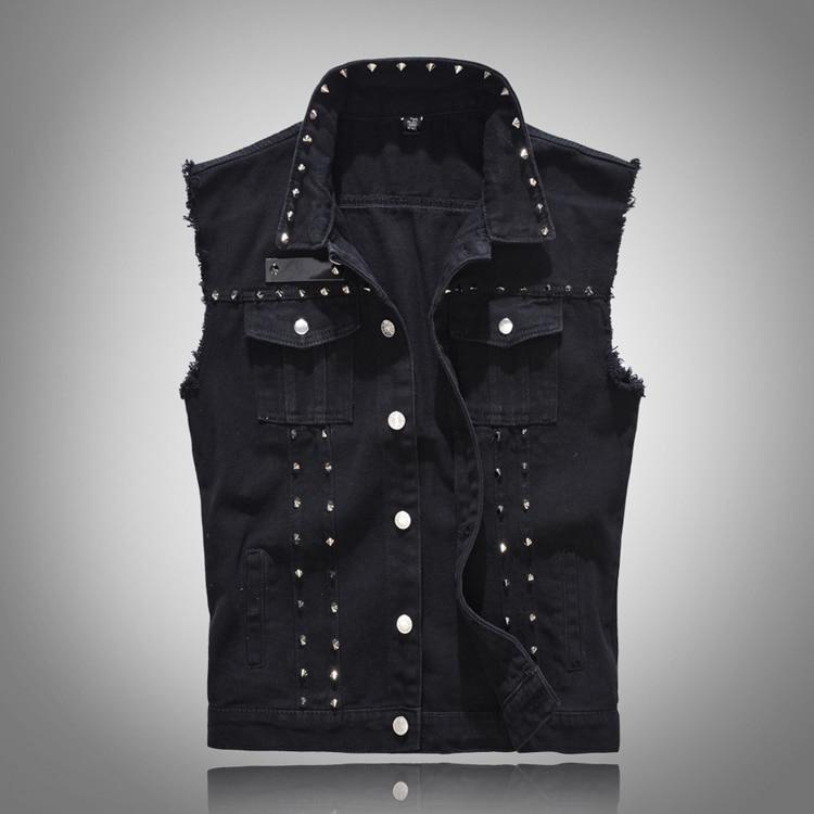 Men's Gothic sleeveless denim vest with rivets and stand-up collar, perfect for rock and goth outfits.