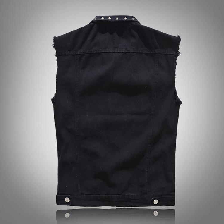 Back view of Gothic men's studded sleeveless denim vest, featuring rivets and a stylish distressed look.