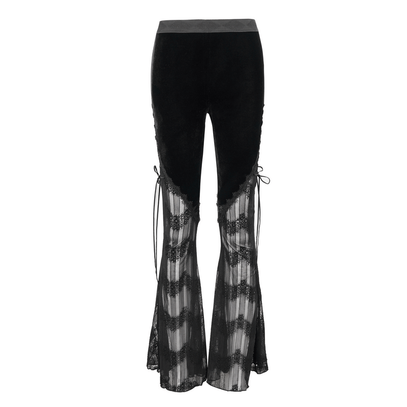 Gothic mesh flared trousers with lace inserts and side ties, perfect for alternative fashion enthusiasts.