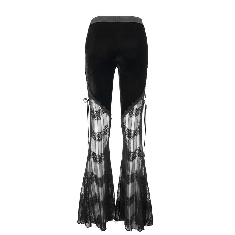 Black Gothic mesh flared trousers with lace inserts and tie sides for women, perfect for alternative fashion.