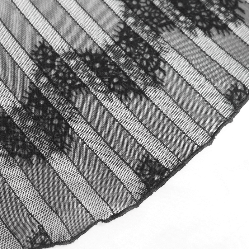Close-up of black lace mesh fabric featuring striped design, perfect for gothic-style flared trousers.