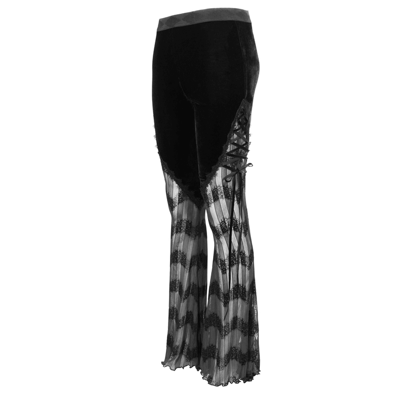 Gothic mesh flared trousers for women with lace inserts and side ties, perfect for alternative fashion enthusiasts.
