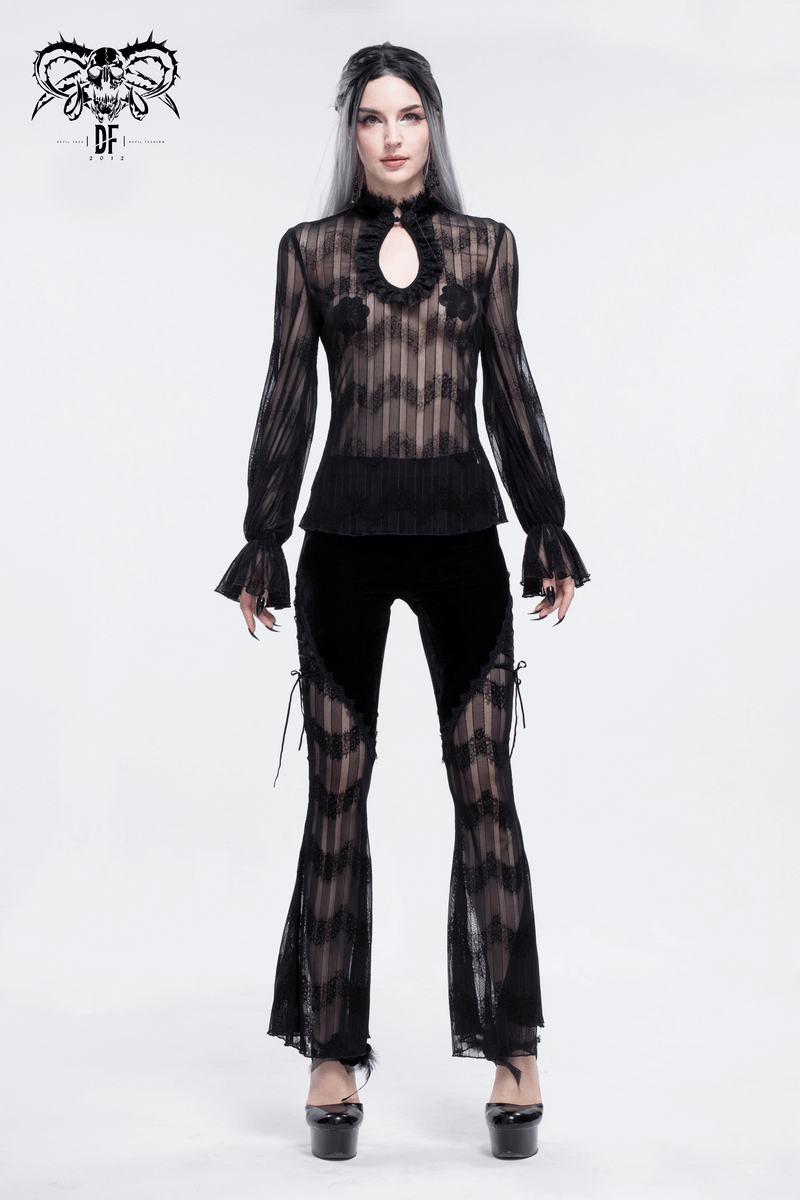 Gothic mesh flared trousers with lace inserts, paired with a black top, perfect for alternative fashion enthusiasts.