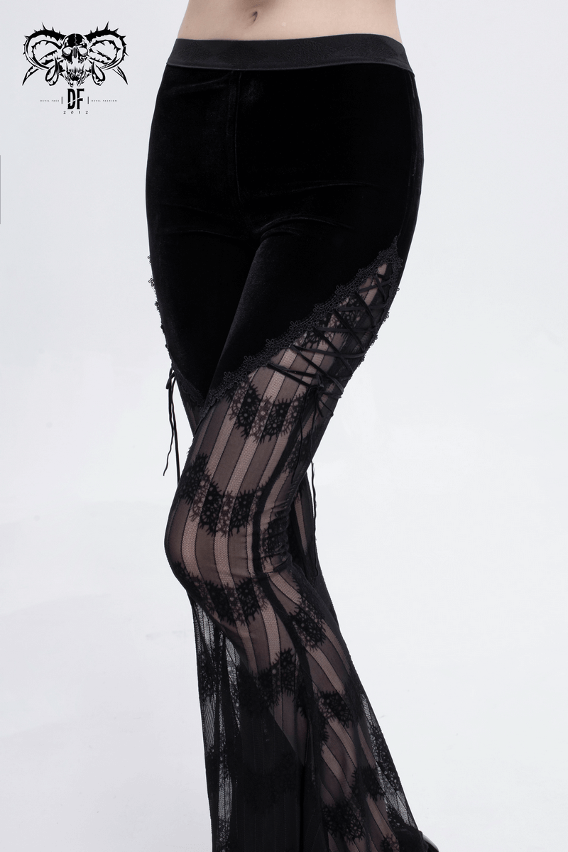 Gothic mesh flared trousers with lace inserts and side ties, perfect for a stylish alternative fashion look.