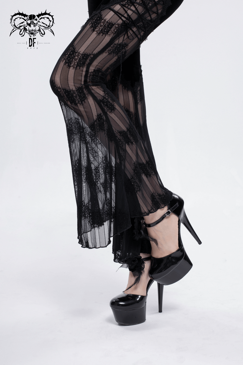 Gothic Mesh Flared Trousers / Women's Lace Splice Pants with sides tie / Alternative Fashion