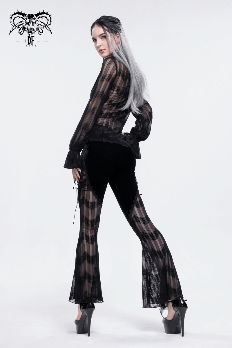 Gothic mesh flared trousers with lace inserts, stylishly worn with a sheer top, perfect for alternative fashion ensembles.