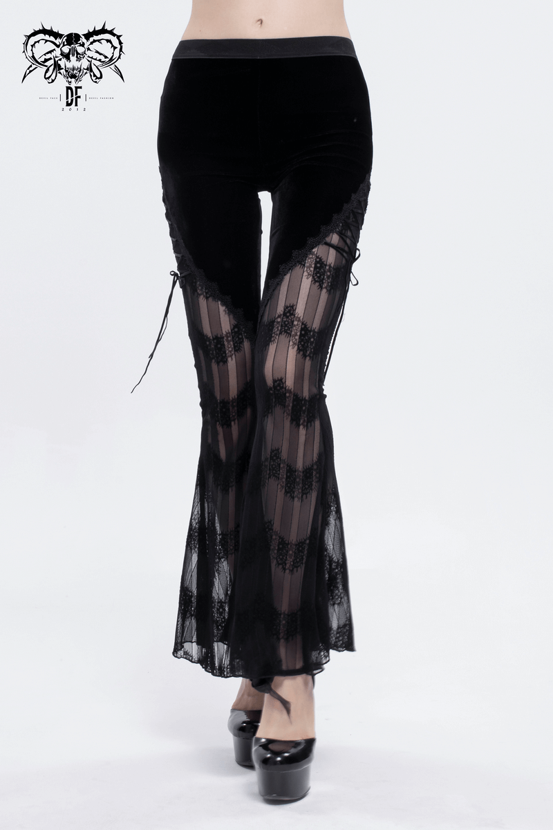 Gothic mesh flared trousers for women with lace inserts and side ties, perfect for alternative fashion looks.