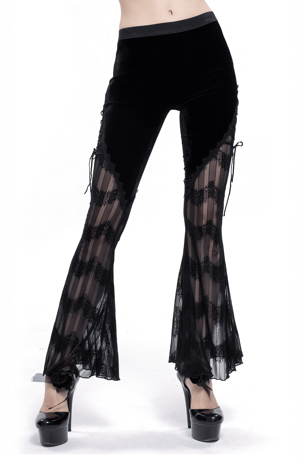 Gothic mesh flared trousers for women with lace inserts and side ties, perfect for alternative fashion lovers.