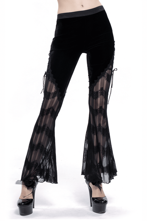 Gothic Mesh Flared Trousers / Women's Lace Splice Pants with sides tie / Alternative Fashion