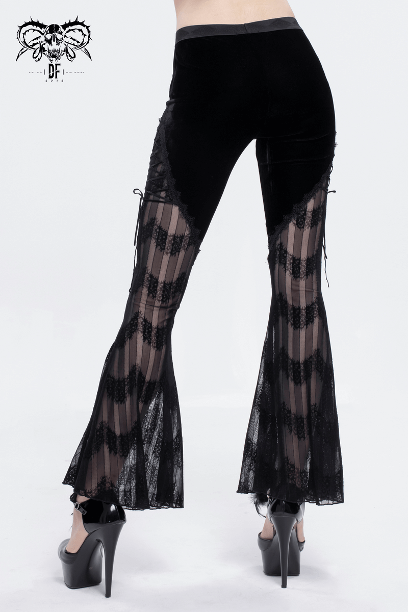 Gothic mesh flared trousers with lace inserts and side ties, perfect for alternative fashion enthusiasts.