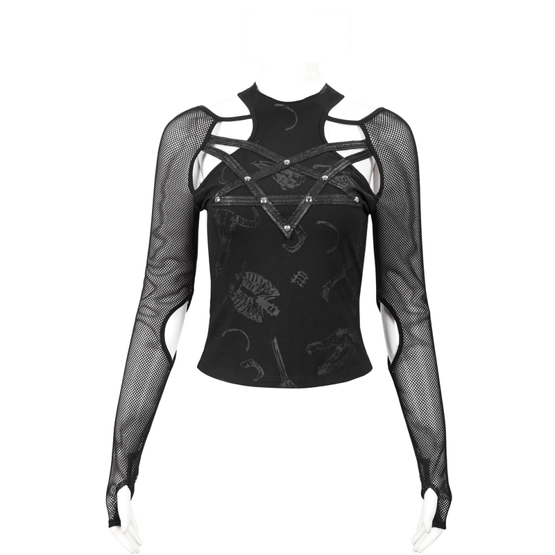 Gothic Mesh Sleeves Pentagram Top / Women's Cutout Shoulders Top / Alternative Fashion - HARD'N'HEAVY