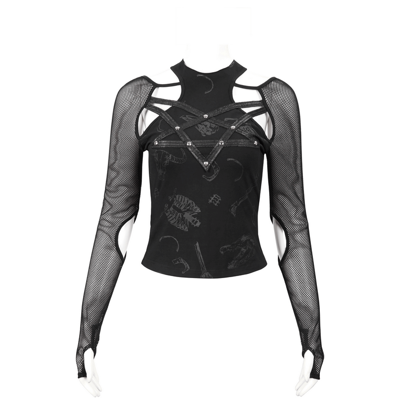 Gothic mesh sleeves women’s pentagram top with cutout shoulders, perfect for alternative fashion lovers.
