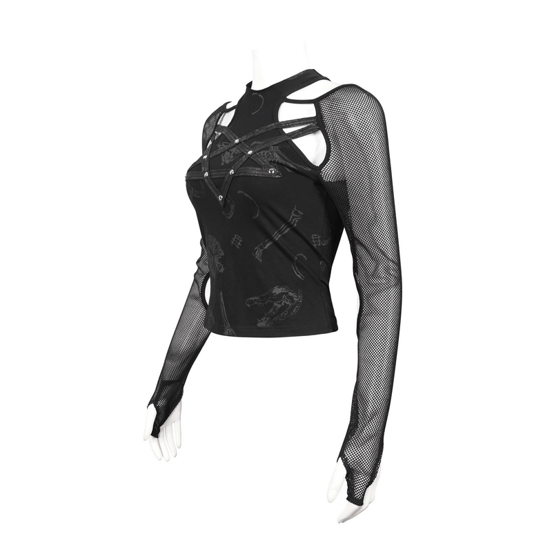Stylish women's black gothic top with pentagram design and mesh sleeves, perfect for alternative fashion lovers.