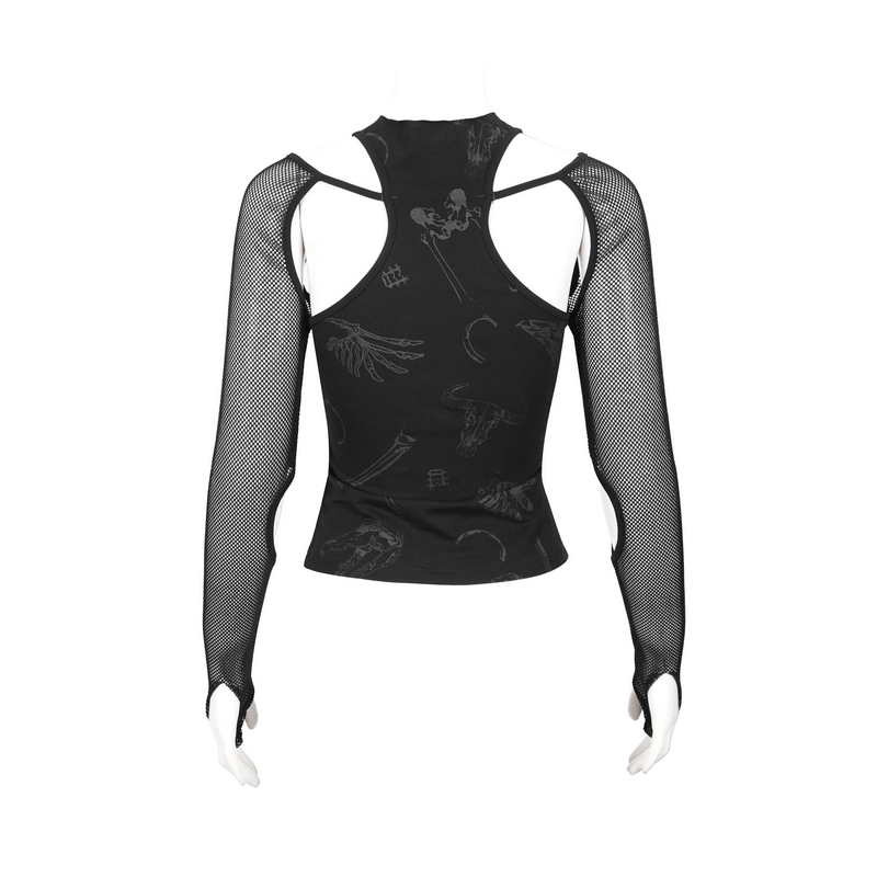 Stylish women's black gothic top featuring mesh sleeves and cutout shoulder design, perfect for alternative fashion.