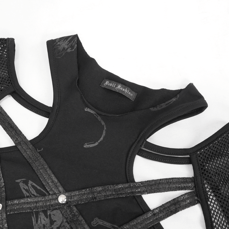 Close-up of a gothic women's top with cutout shoulders and sheer mesh sleeves, showcasing the stylish details.