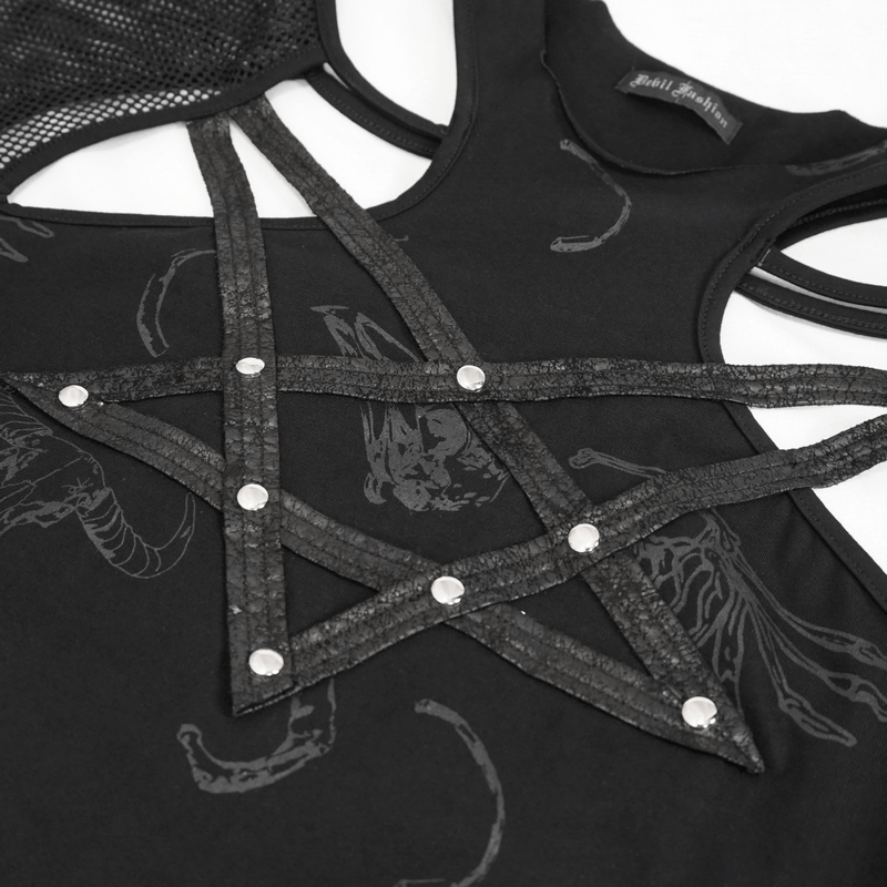 Close-up of a gothic women's top featuring mesh sleeves and a pentagram design with studs.
