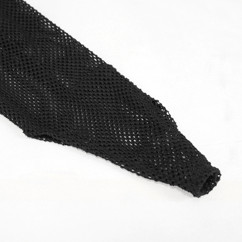 Close-up of a black gothic mesh sleeve, featuring a breathable design perfect for alternative fashion.