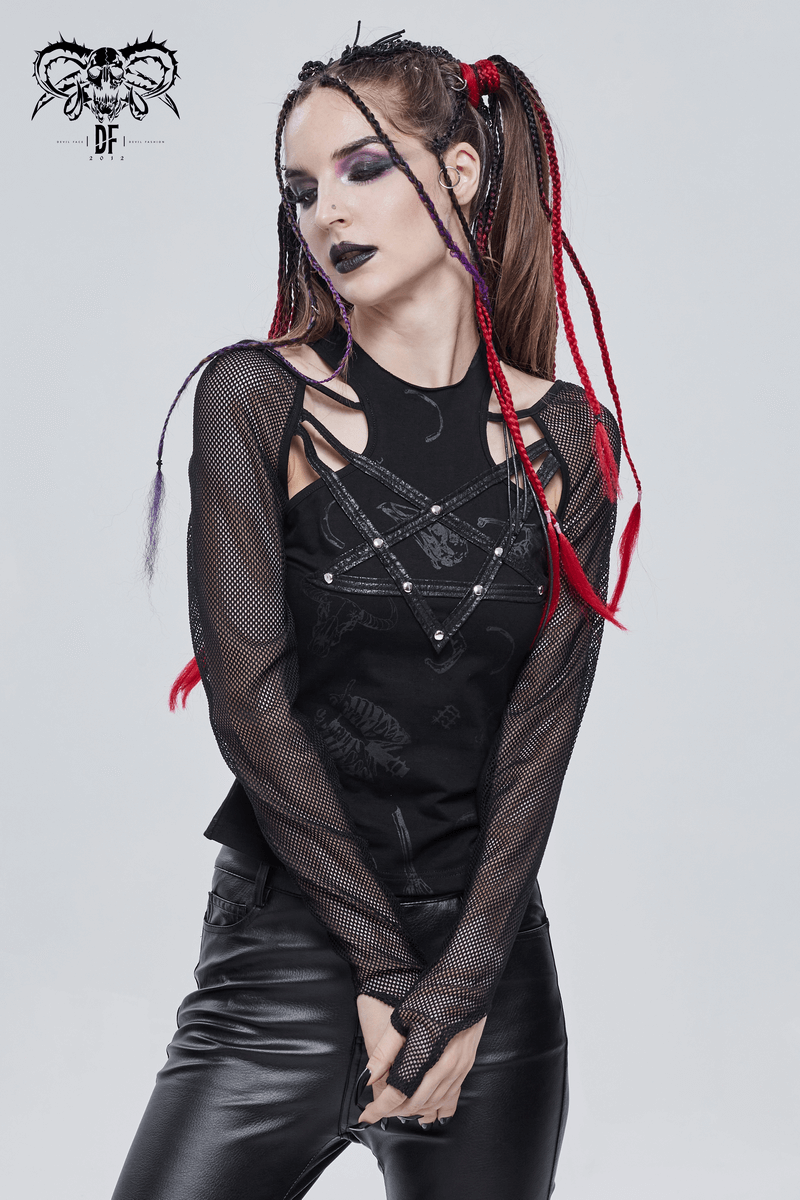 Gothic mesh sleeves pentagram top with stylish cutout shoulders for alternative fashion lovers.