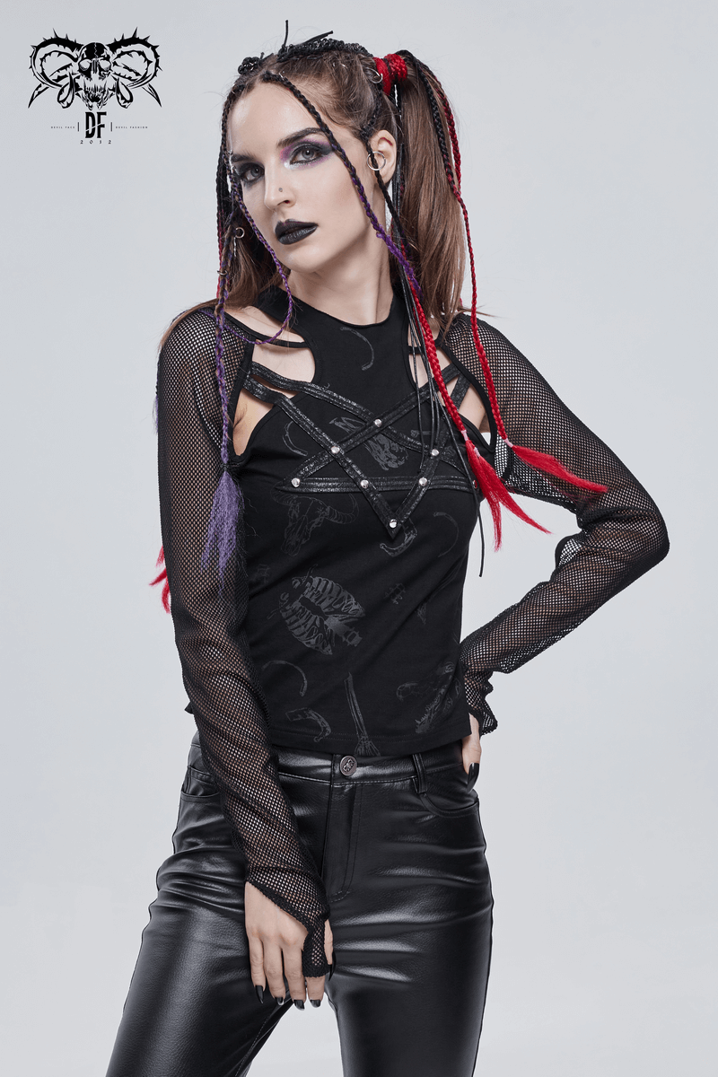 Gothic women's black top with cutout shoulders and mesh sleeves, styled with edgy accessories and braids.
