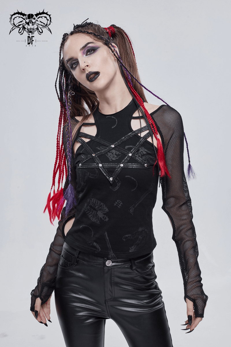 Gothic mesh sleeves pentagram top on model, showcasing cutout shoulders and alternative fashion style.
