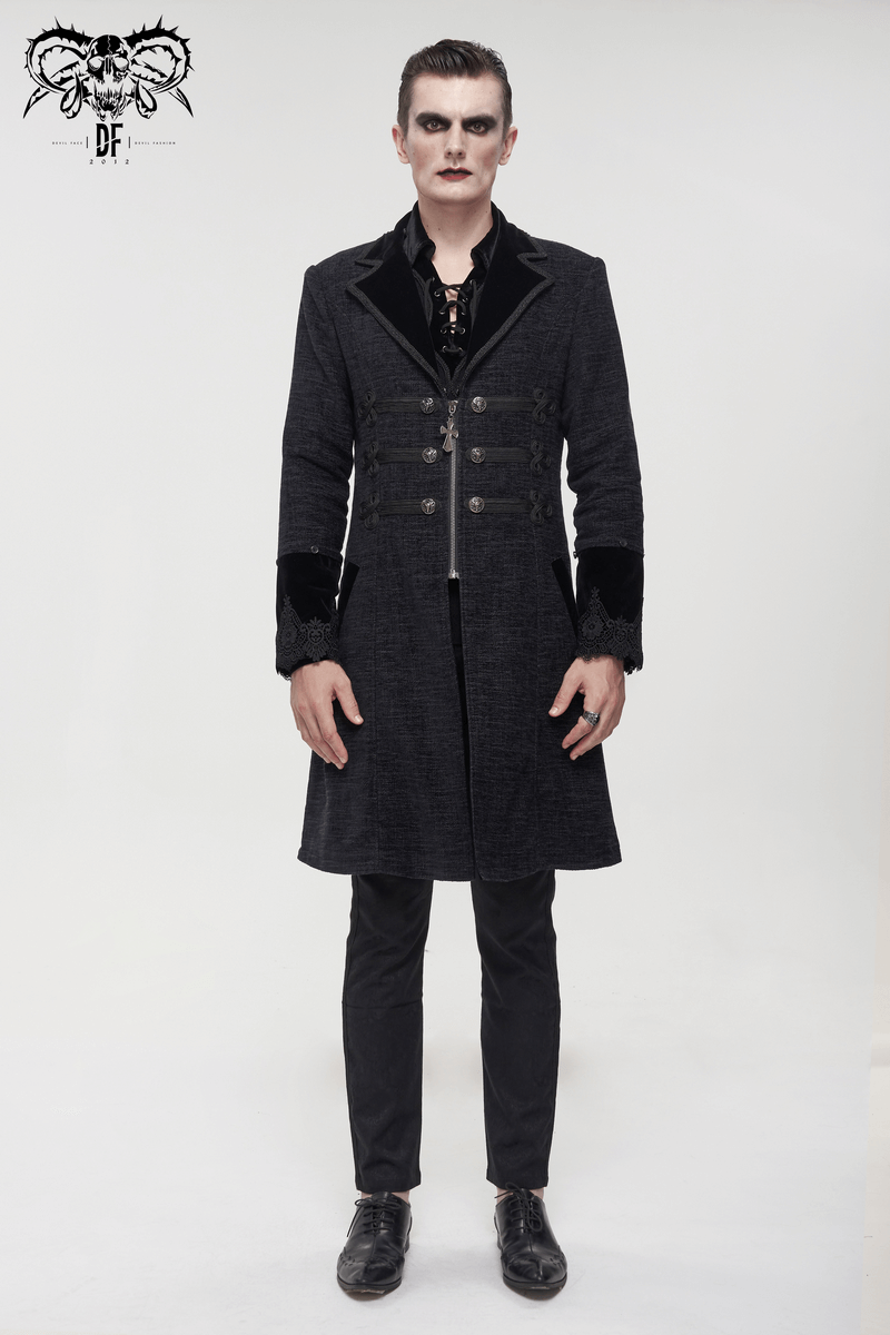 Gothic Mid-Length Coat with Detachable Faux Fur / Men's Warm Zipper Coat with Buttons - HARD'N'HEAVY