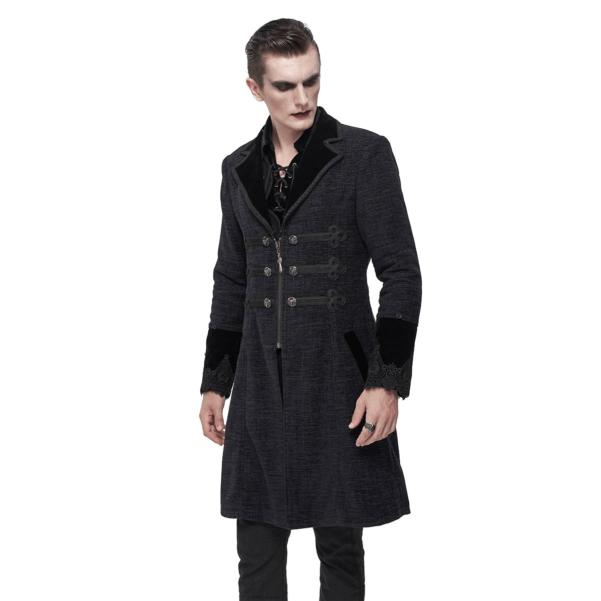 Gothic Mid-Length Coat with Detachable Faux Fur / Men's Warm Zipper Coat with Buttons - HARD'N'HEAVY