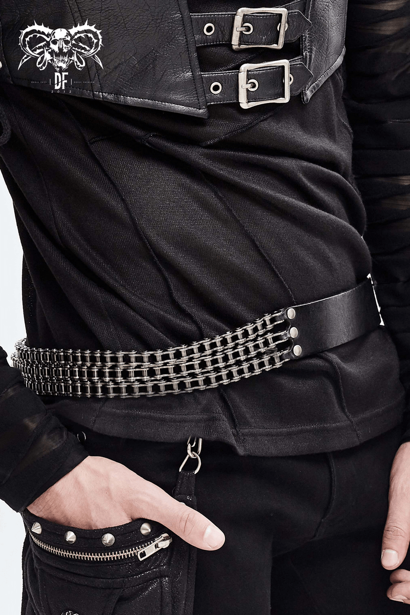 Gothic Motorcycle Chain Belt Made of Leather & Metal for Men / Black Heavy Belt for Jeans - HARD'N'HEAVY