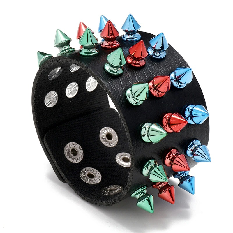Gothic multicolor spikes rivet bracelet in wide cuff style, perfect punk accessory for bold outfits.