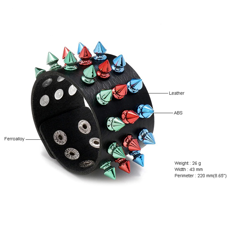 Gothic multicolor punk style leather bracelet with colorful spikes, perfect for adding flair to any outfit.