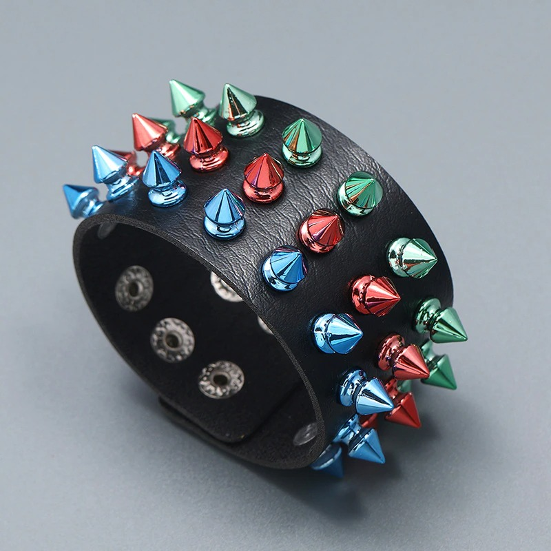 Gothic multicolor spikes rivet bracelet in punk style, wide PU leather cuff with colorful studs, perfect accessory for edgy outfits.