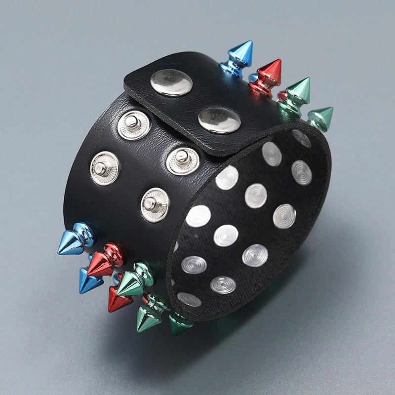 Gothic multicolor wide cuff PU leather bracelet with spikes, perfect punk accessory for bold outfits.