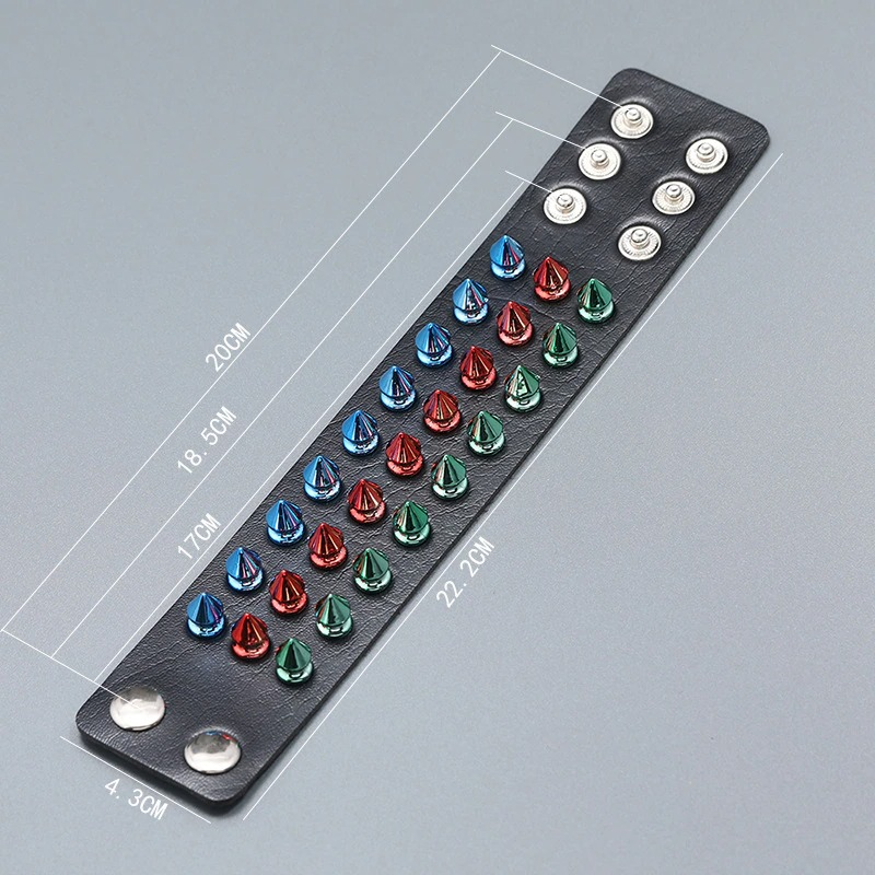 Gothic multicolor leather bracelet featuring three rows of colorful spikes on a wide cuff design.