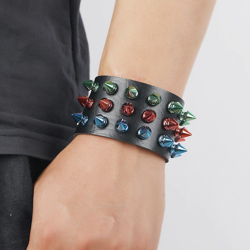 Gothic Multicolor Three Row Spikes Rivet Bracelet / Wide Cuff PU Leather Bracelet in Punk Style - HARD'N'HEAVY