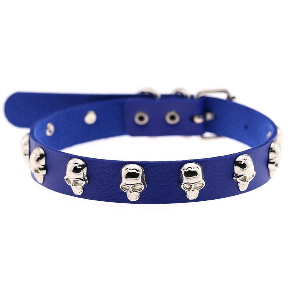 Gothic blue leather choker with zinc alloy skull embellishments for women, perfect for alternative fashion styles.