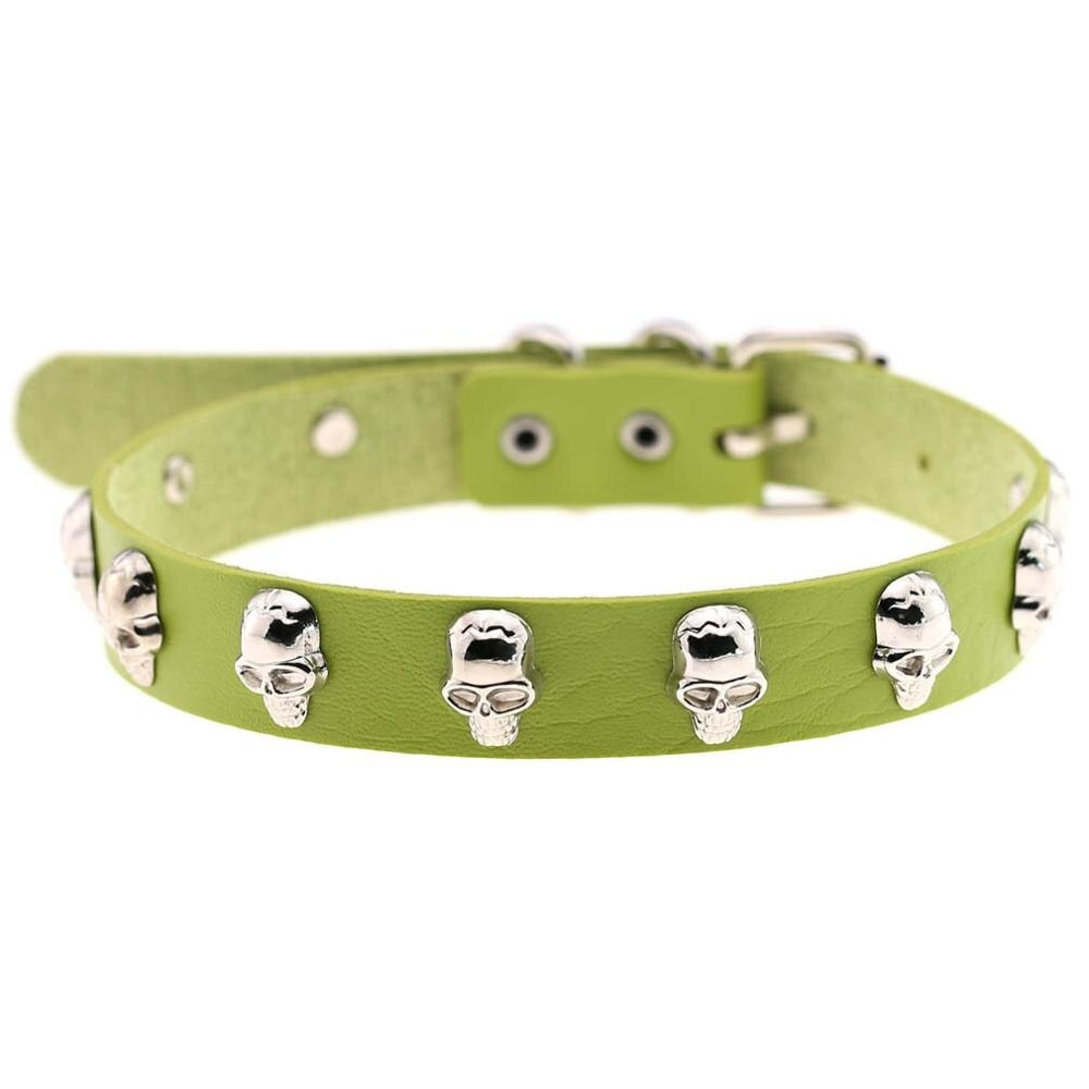 Gothic leather choker necklace in vibrant green with zinc alloy skull studs, perfect for alternative fashion styles.