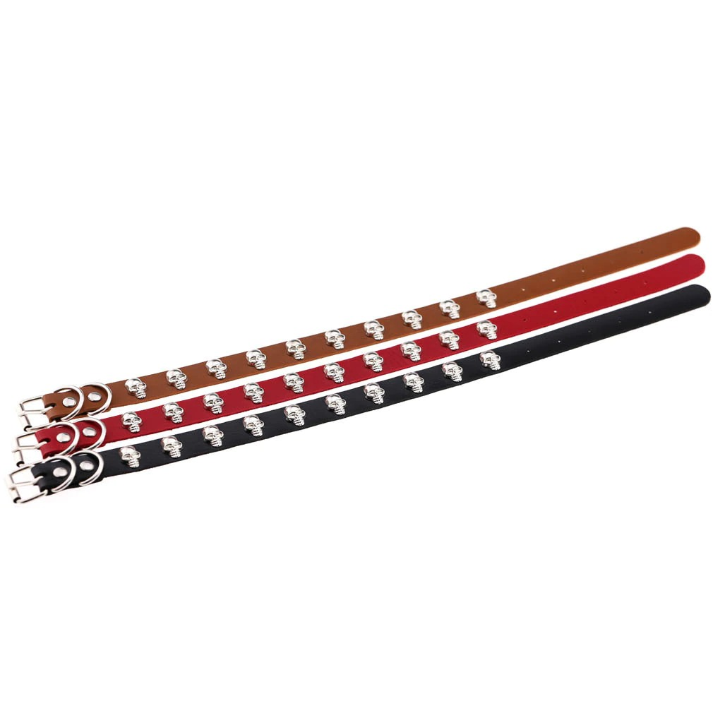 Stylish gothic leather choker necklaces in black, red, and brown with zinc alloy skull details, perfect for edgy outfits.