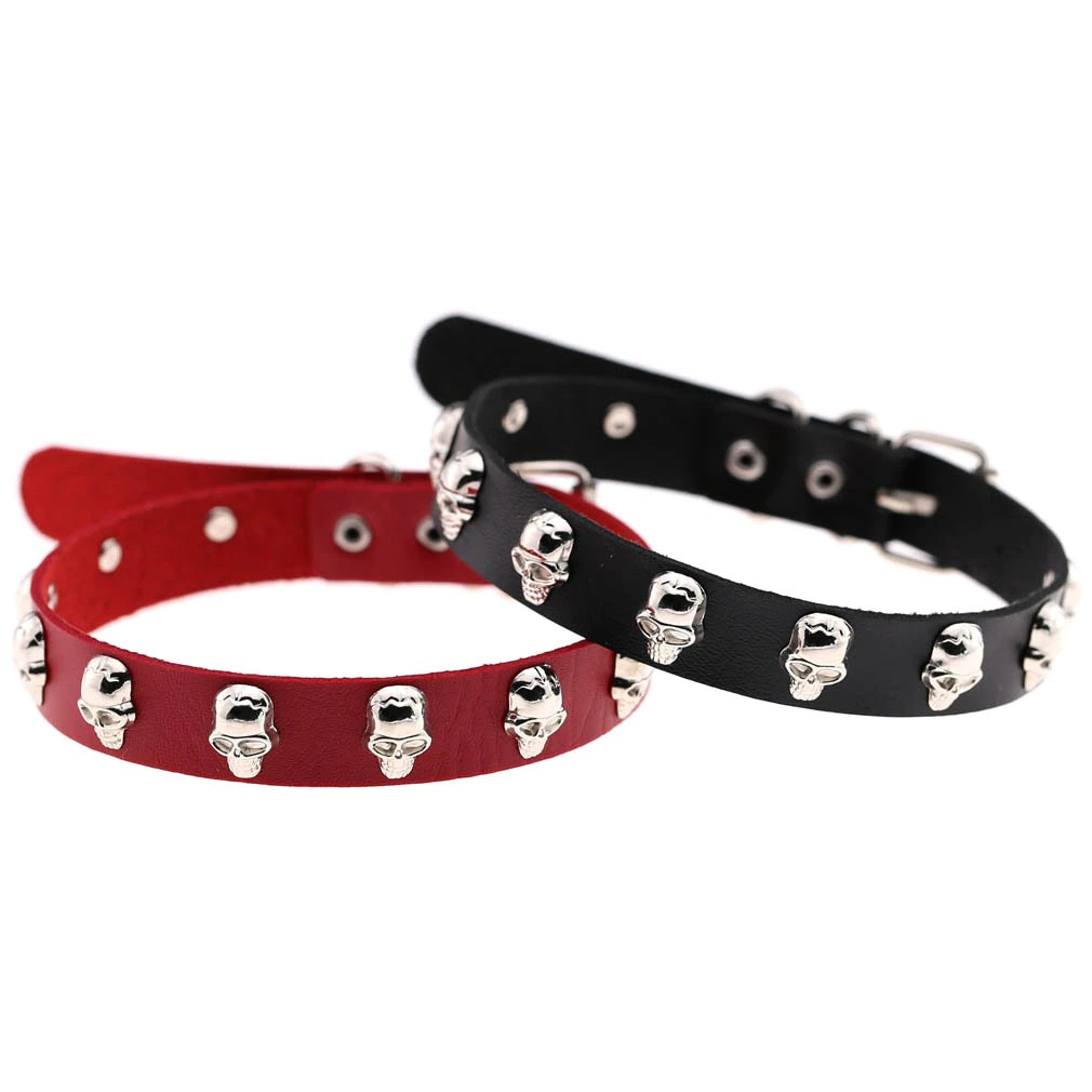 Gothic leather choker duo in red and black with zinc alloy skull accents, perfect for alternative fashion looks.