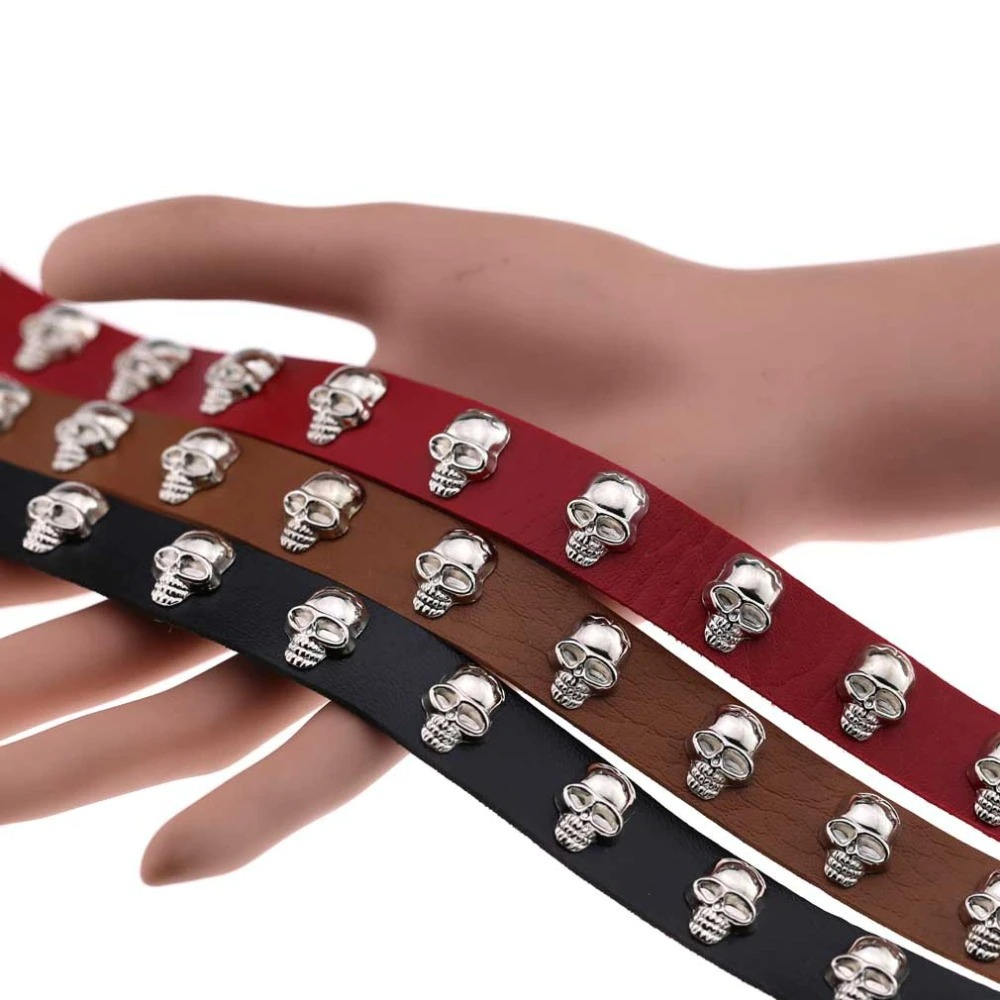 Gothic leather choker necklaces in red, brown, and black, featuring zinc alloy skull charms for alternative fashion.